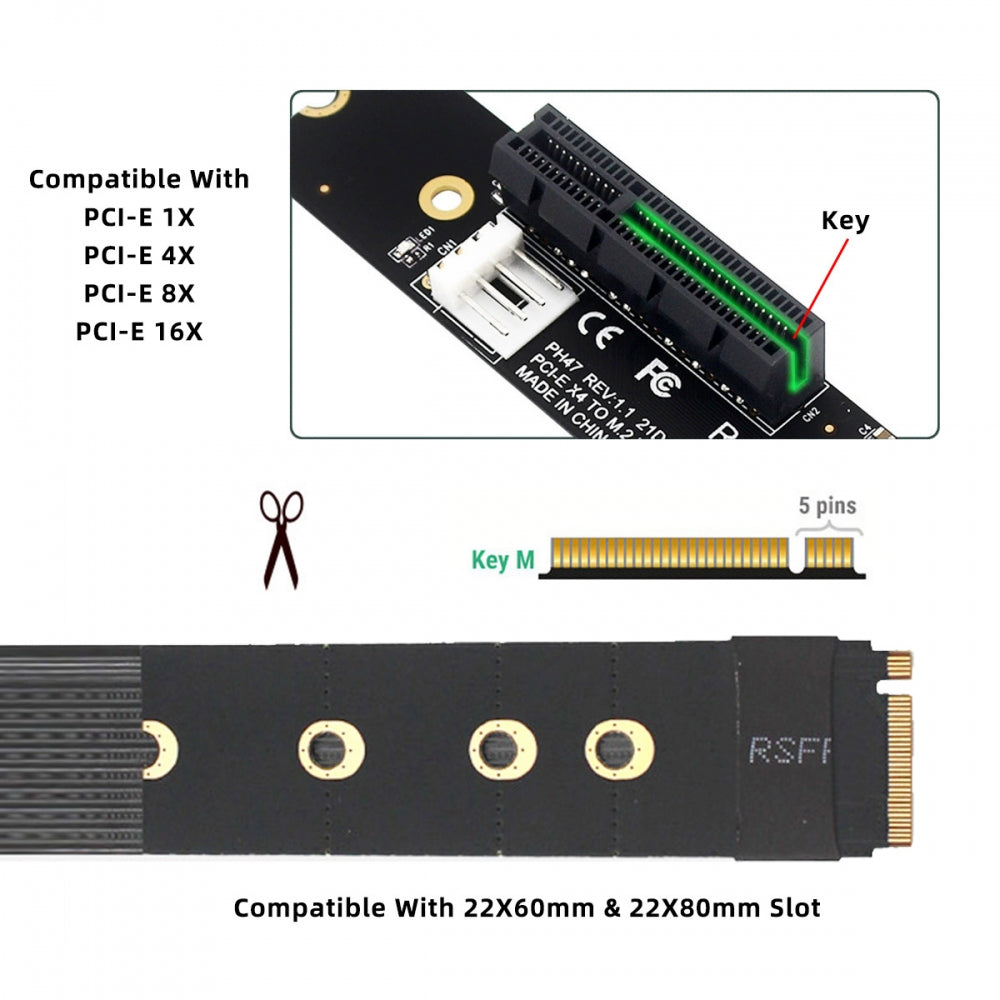 M.2 NGFF NVMe M-Key to Up Angled PCI-E X1 X4 X8 X16 Socket Cable Graphics Card Extension Adapter PCI-Express for M2 2260 2280