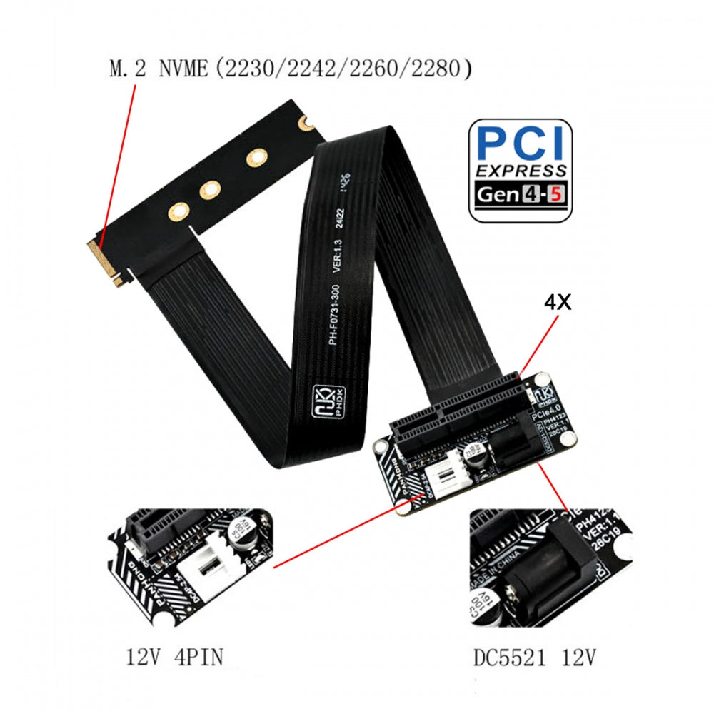 Right Angled Type 90 Degree M.2 NGFF NVMe M-Key to Up Angled PCI-E X1 X4 X8 X16 Socket Cable Graphics Card Extension Adapter PCI-Express for M2 2260 2280