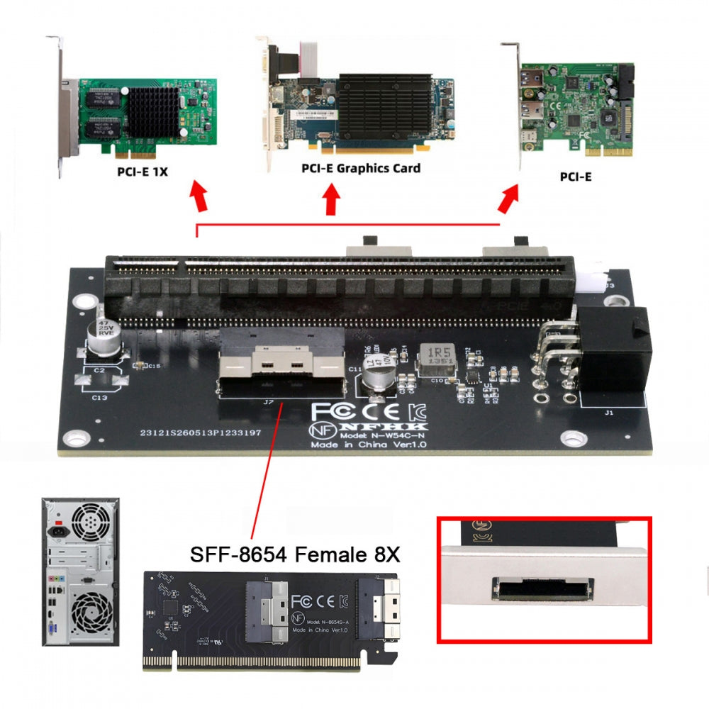 Slimline 8X SFF-8654 74Pin to PCIE PCI-Express 16x Adapter TGX with PCI-E 6Pin Power Switch Port for Mainboard Graphics Card