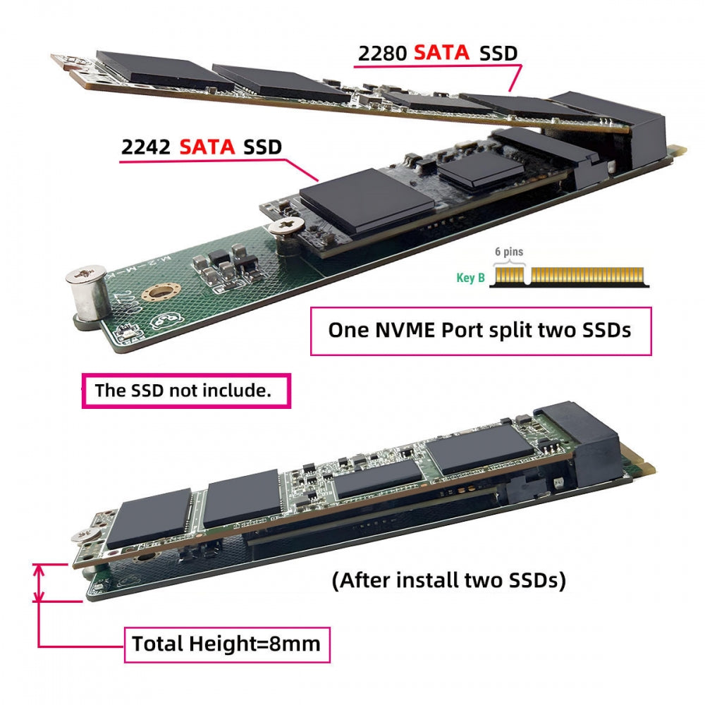 NGFF NVME M-Key Riser Card to Dual Ports 2242 2280 NGFF Key-B B+M SSD Adapter PCIE Packet Switch Compatible with NAS Industrial Control Motherboard