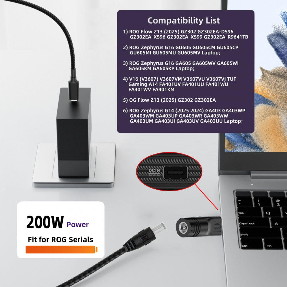 180W 200W Power DC Jack 5.5*2.5mm Input to Flow 14 16 Air Rectangle Plug Charge Adapter Compatible with ROG Laptop