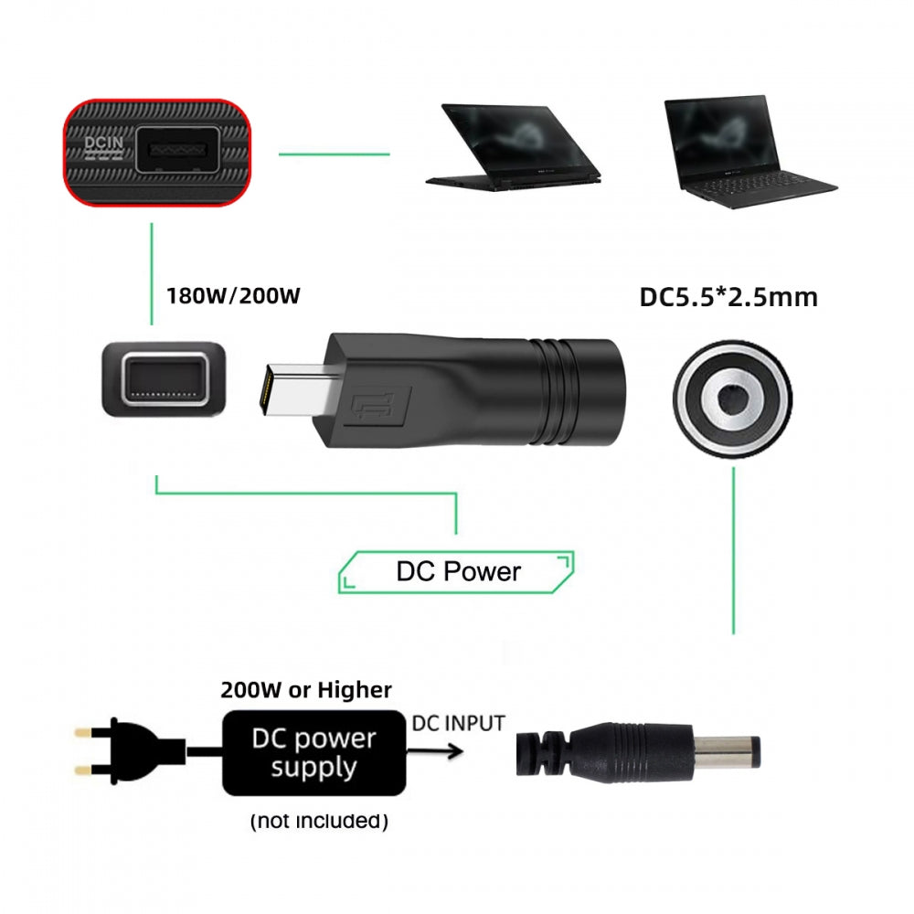 180W 200W Power DC Jack 5.5*2.5mm Input to Flow 14 16 Air Rectangle Plug Charge Adapter Compatible with ROG Laptop