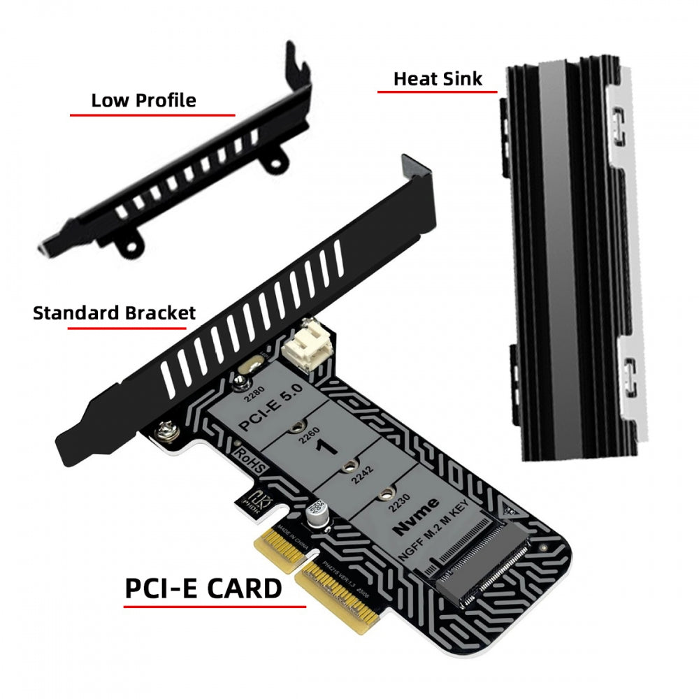 Low Profile PCI-E 5.0 PCI Express 4.0 X4 Lane to M.2 NGFF M-Key SSD NVME Adapter Card with Heat Sink