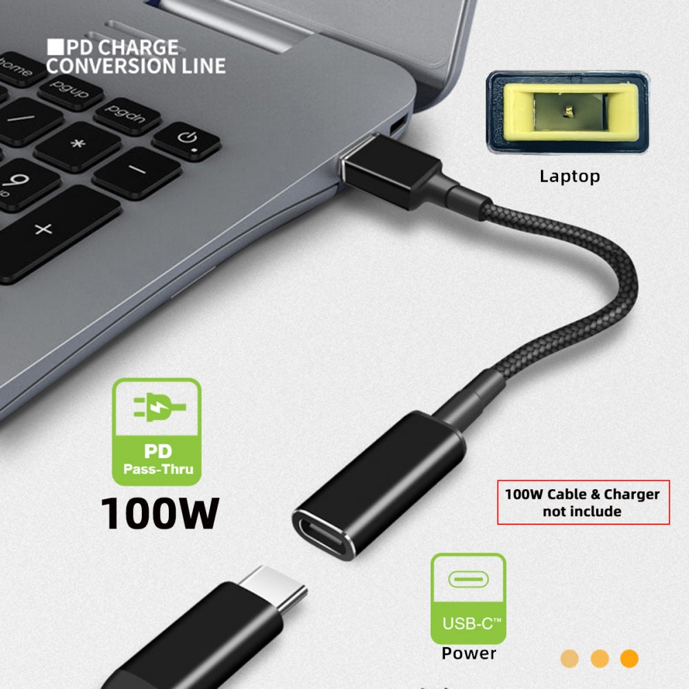 100W Type-C USB-C Female Input to Rectangular Plug Output Power 20V 5A PD Charge Cable for Thinkpad X1 Legion Y7000P Laptop