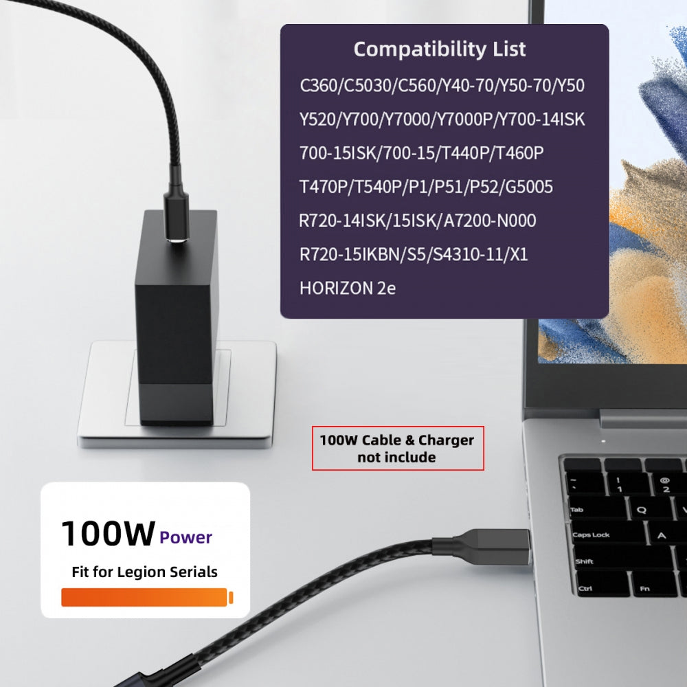 100W Type-C USB-C Female Input to Rectangular Plug Output Power 20V 5A PD Charge Cable for Thinkpad X1 Legion Y7000P Laptop