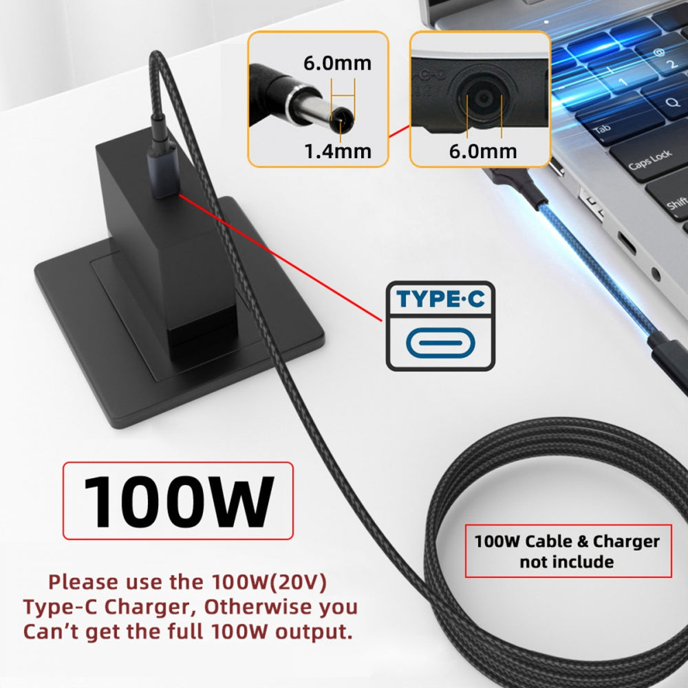 100W Type-C USB-C Female Input to DC 6.0*1.4mm Plug Output Power 20V 5A PD Charge Cable 16cm for Laptop