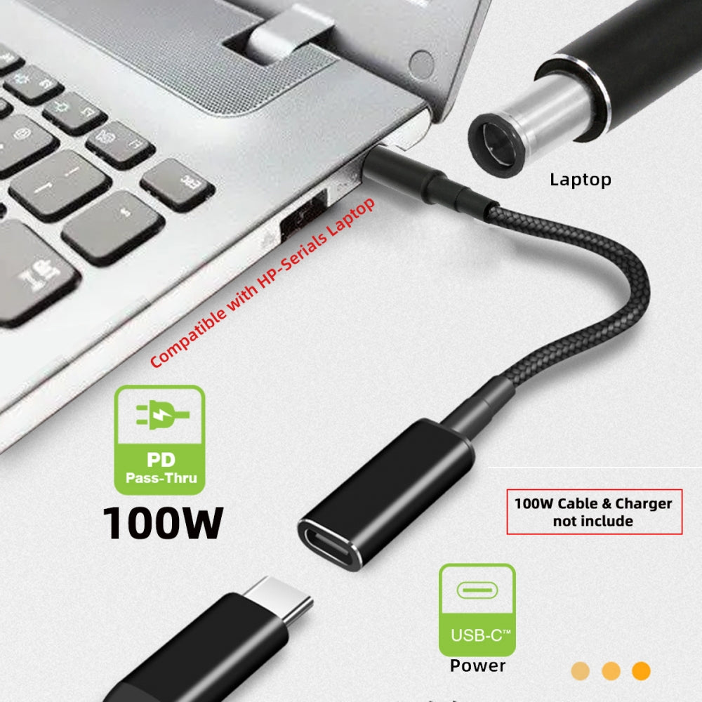 100W Type-C USB-C Female Input to DC 7.4*5.0mm Plug Output Power 20V 5A PD Charge Cable 16cm Compatible with HP-Laptop
