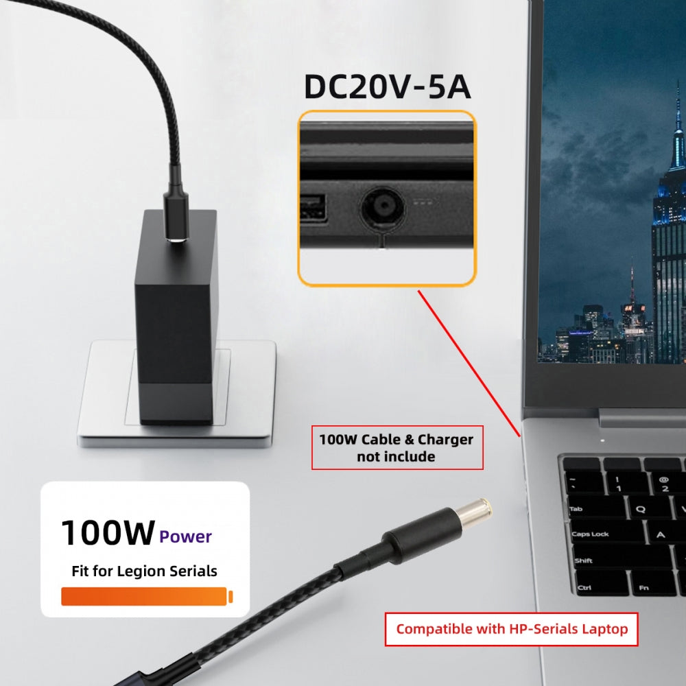 100W Type-C USB-C Female Input to DC 7.4*5.0mm Plug Output Power 20V 5A PD Charge Cable 16cm Compatible with HP-Laptop