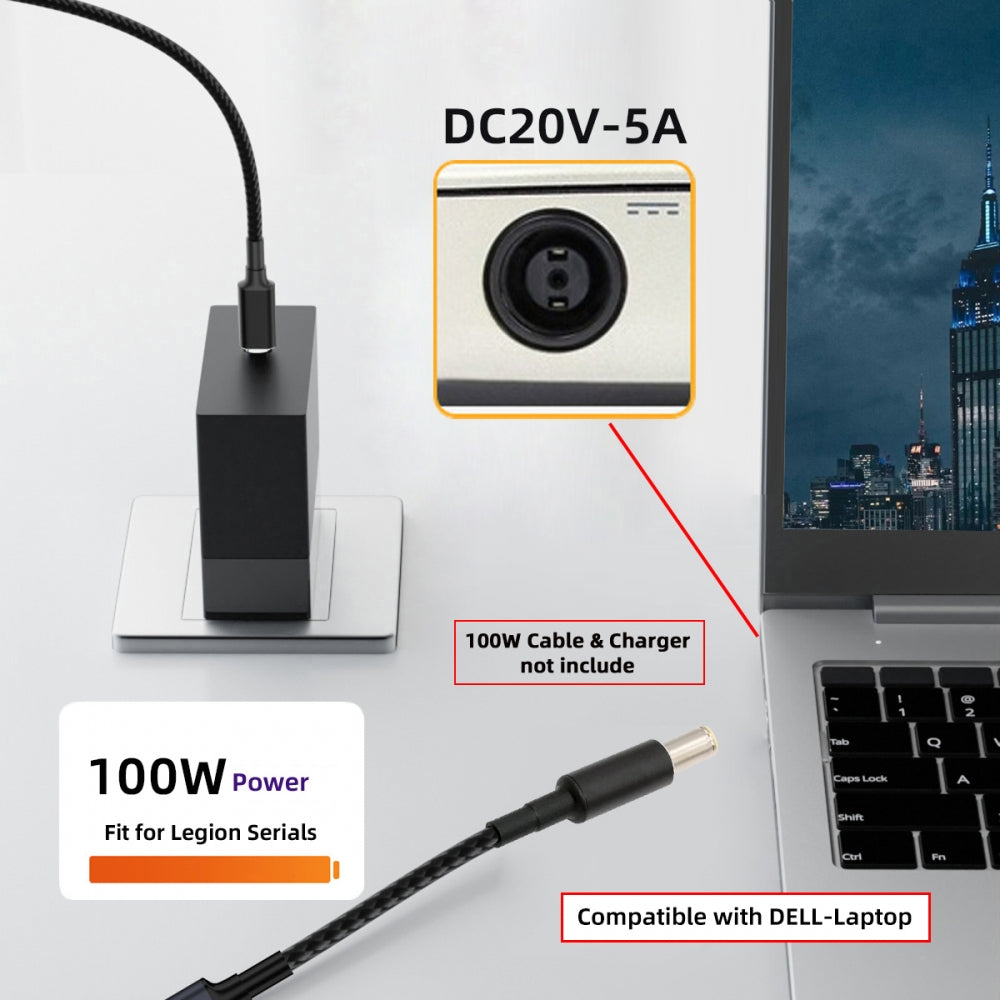 100W Type-C USB-C Female Input to DC 7.4*5.0mm Plug Output Power 20V 5A PD Charge Cable 16cm Compatible with DELL-Laptop