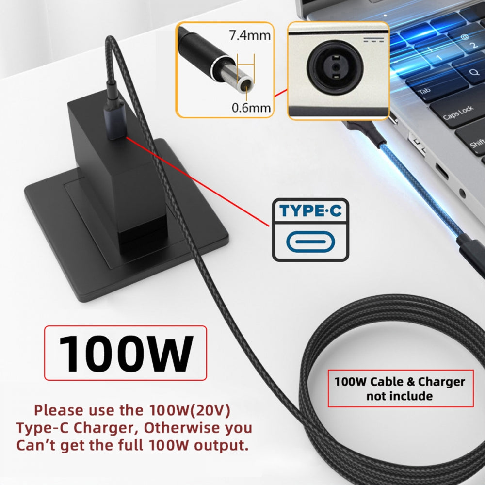 100W Type-C USB-C Female Input to DC 7.4*5.0mm Plug Output Power 20V 5A PD Charge Cable 16cm Compatible with DELL-Laptop