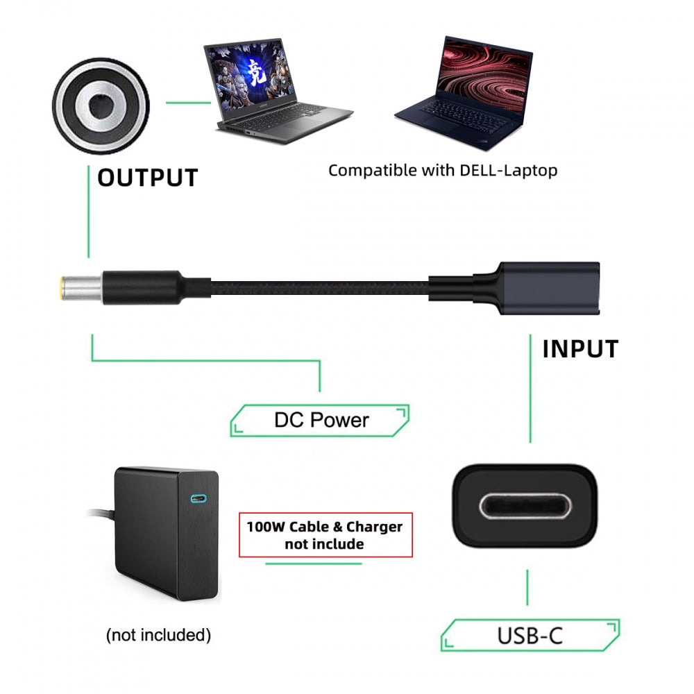 100W Type-C USB-C Female Input to DC 4.5*3.0mm Plug Output Power 20V 5A PD Charge Cable 16cm Compatible with DELL-Laptop