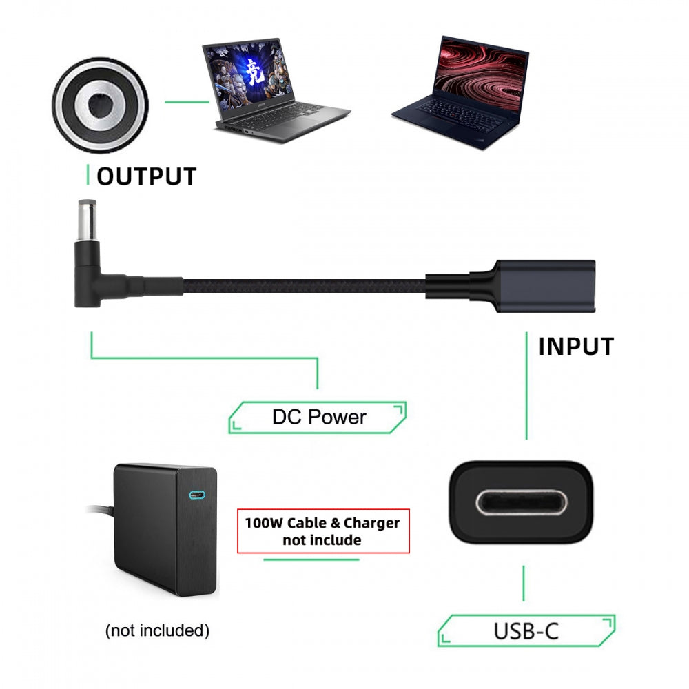100W Type-C USB-C Female Input to DC 3.0*1.1mm Plug Output Power 20V 5A PD Charge Cable 16cm for Laptop