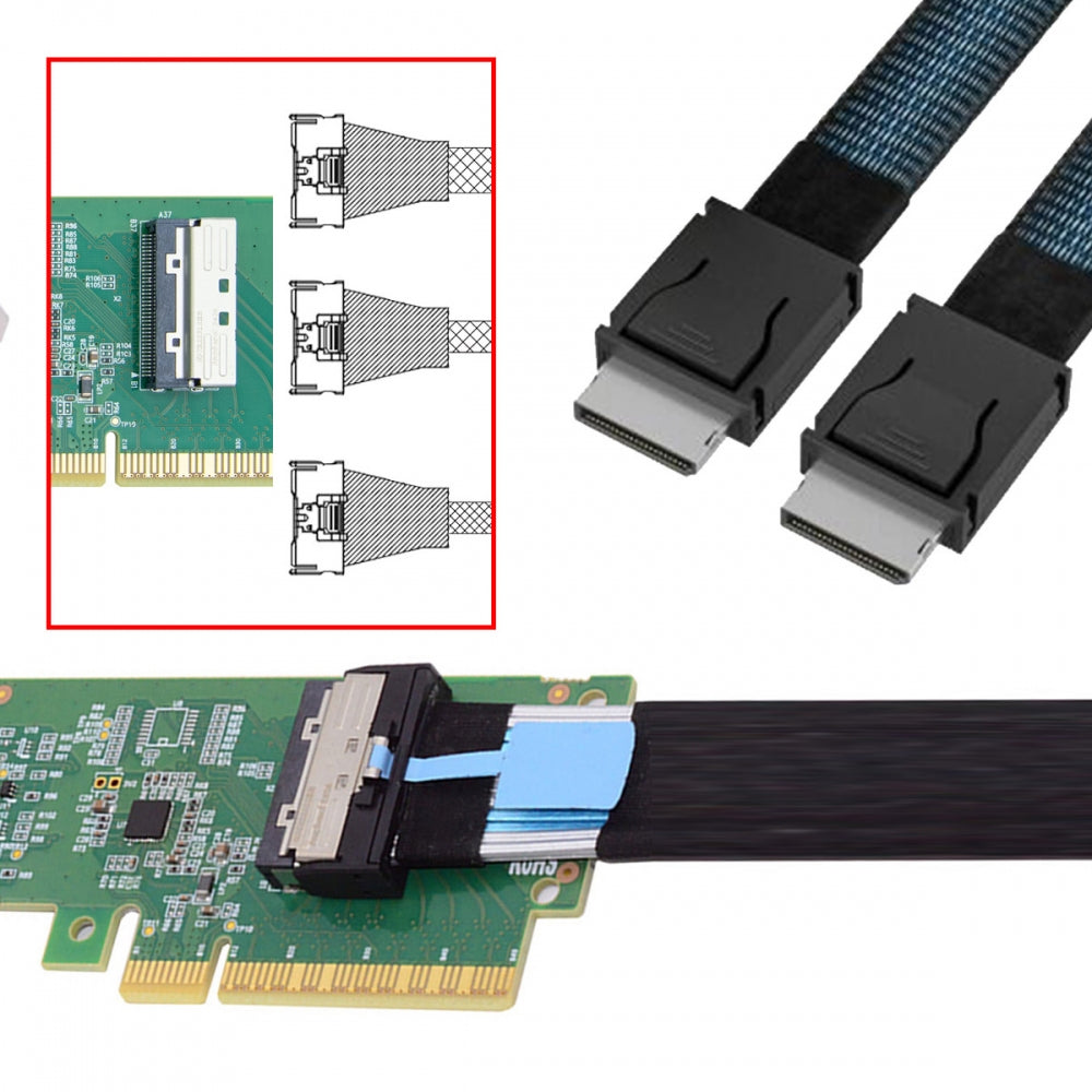 PCI-E 5.0 Mini Cool Edge IO MCIO STR PCI-E 8i 74Pin Male to Dual SFF-8611 Oculink 4x Male Extender Cable 50cm