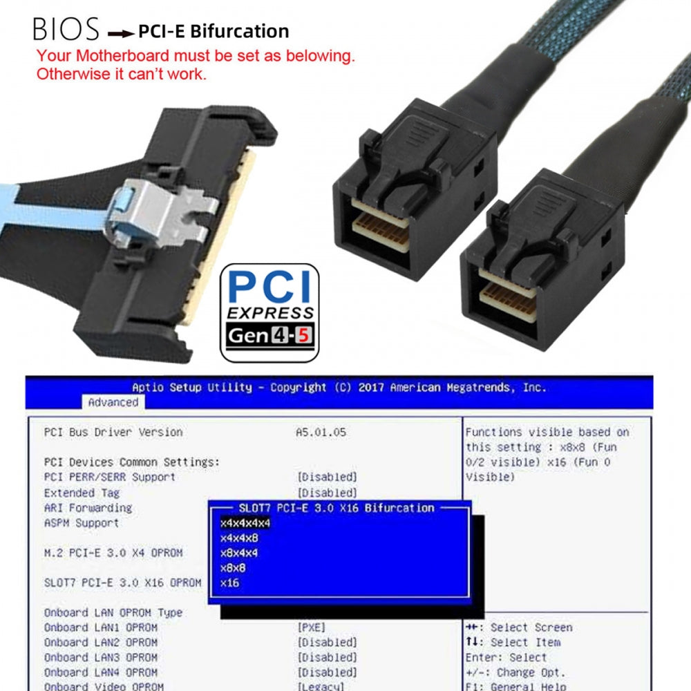 PCI-E 5.0 Mini Cool Edge IO MCIO STR PCI-E 8i 74Pin Male to Dual SFF-8643 4x Male Extender Cable 80cm
