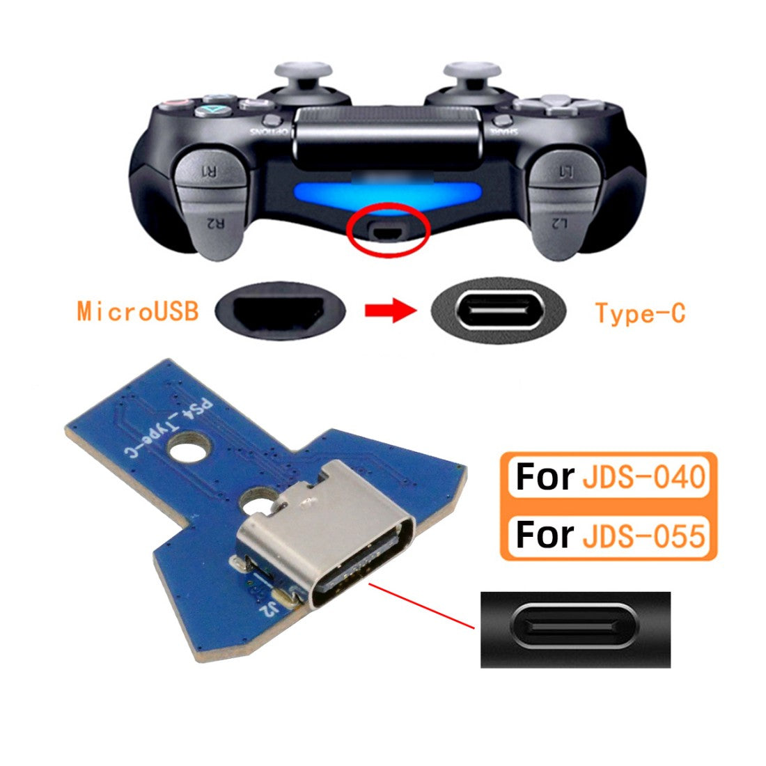 PS4 USB C DIY Connector for DualShock JDS-040/055 Micro USB 5Pin to USB C Female Socket Port Repair Replacement Solder Adapter