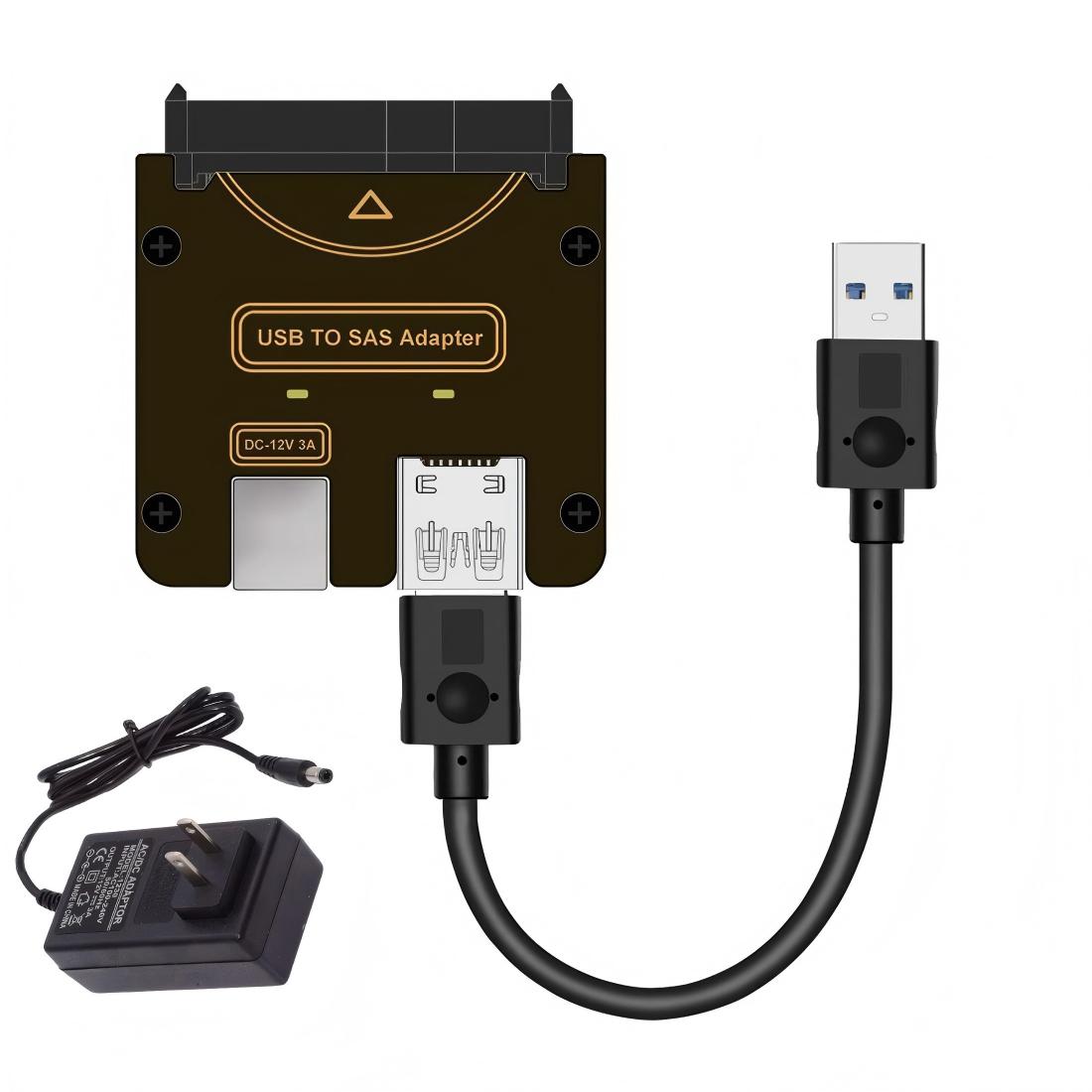 USB 3.0 to SAS Adapter for 2.5/3.5" SFF-8482 SAS Hard Disks to USB Converter Adapter with Power Supply (Need Power Supply to Work)