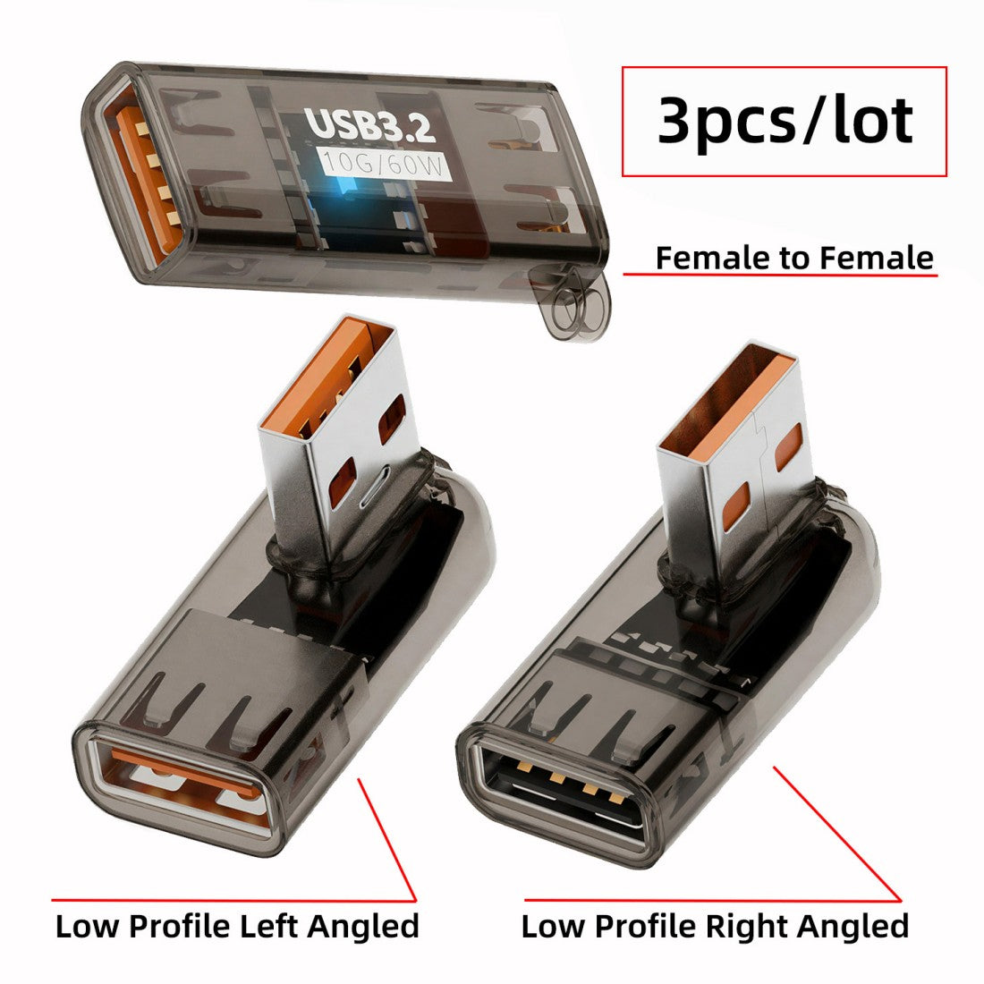 3 Pack USB 3.2 Type A Male/Female to Female Adapter,10Gbps Data Transfer & 60W Fast Charging USB Extension Connector,Straight + Left+ Right 90 Degree Angled for Desktop PC,Laptop,Hard Drive
